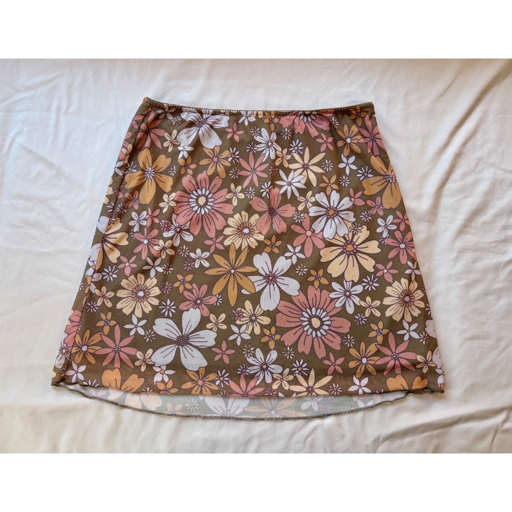 Full Tilt Retro Floral Mesh Mini Skirt Brown Pink 70s Style Lined Size L